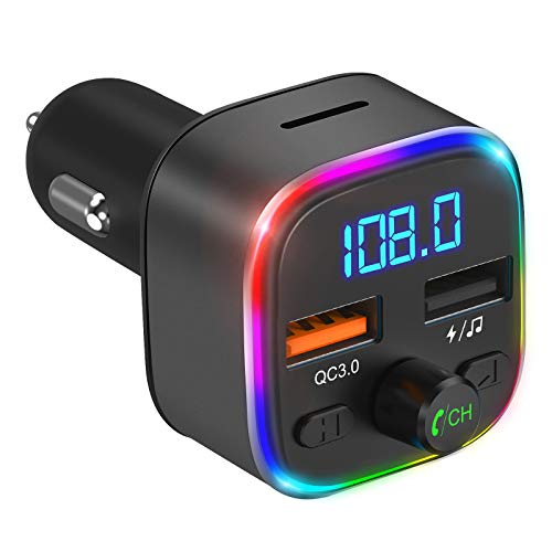 ORIA Transmisor FM Bluetooth Coche, Adaptador de Radio Inalámbrico con Luz RGB de 6 Colores, Manos Libres para Coche QC3.0 Carga Rápida, Reproductor de MP3 Soporte Tarjetas SD/U Disk