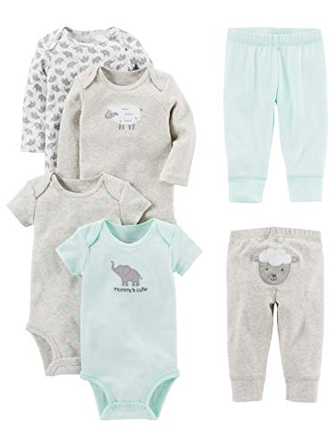 Simple Joys by Carter's 6-Piece Neutral Bodysuits (Short Long Sleeve) and Pants Set Infant Toddler Clothing-Sets, Gris/Verde Menta/Elefante/Cordero, 0-3 Meses Unisex bebé