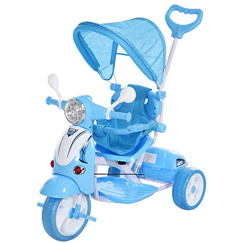 HOMCOM Triciclo para Niños de +18 Meses Triciclo Evolutivo Infantil con Capota Extraíble Asiento Giratorio Barra de Seguridad y Función de Luz Música 102x48x96 cm Azul