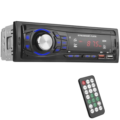 Radio Coche Bluetooth 1 DIN - Autoradio soporta Llamadas Manos Libres, 2 Puertos USB, SD, AUX-in, Radio FM - Reproductor de MP3 con Control Remoto