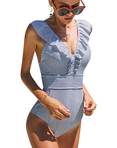 heekpek Conjuntos de Bikinis Traje De Baño Rayas de Una Pieza Bañador para Mujer Push Up Bikini Volante Fruncido V para Saco Tanga De Cintura Baja Adecuado Viajes Playa Swimsuit(Azul,L)
