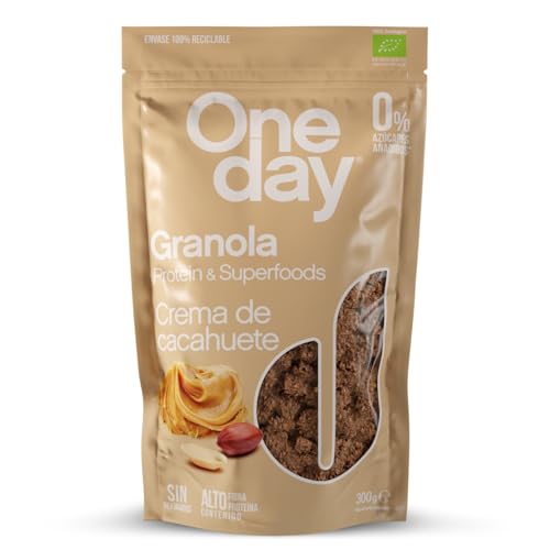 ONE DAY Granola Ecologica, Sin Azucares Añadidos, Alto en Proteína con Superfoods, Alto en Fibra, 300g (Crema Cacahuete, 1 unidad)