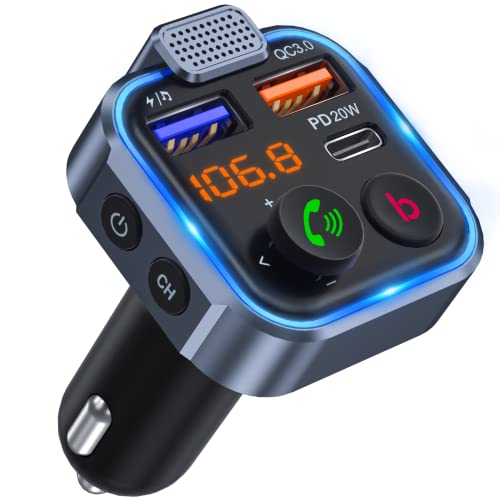 [Versión 2022] LENCENT Transmisor FM Bluetooth 5.0,Manos Libres Reproductor Música Coche, Deep Bass Sonido Hi-Fi, Adaptador Radio Bluetooth 2 USB+Tipo C 20W Carga Rápida, Soporte Memoria USB