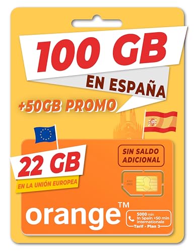 Orange Spain - Tarjeta SIM Prepago 100GB en España| 5.000 Minutos Nacionales | 50 Minutos internacionales | Activación Online Solo en marcopolomobile .com