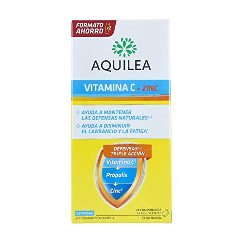 AQUILEA Vitamina C + Zinc (Formato Ahorro) 28 Tabletas Efervescentes Sabor Naranja - Para Cuidar las Defensas Naturales