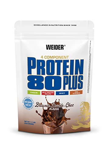 Weider Protein 80 Plus, Proteina de suero de suero de leche, Sabor Brownie Doble chocolate , 500 gr