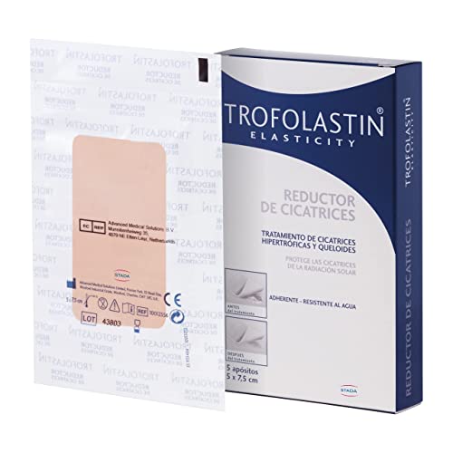 Trofolastin - Reductor de cicatrices - parche poliuretano - reduce y previene cicatrices hipertróficas o queloides - quemaduras y cortes - 5 apositos de 5x7,5cm