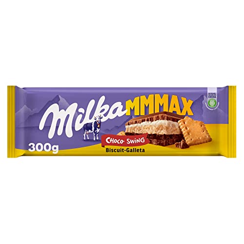 Milka MMMAX Choco Swing Tableta Grande de Chocolate con Leche de los Alpes con Galleta, Relleno de Crema de Leche y Crema de Cacao 300g