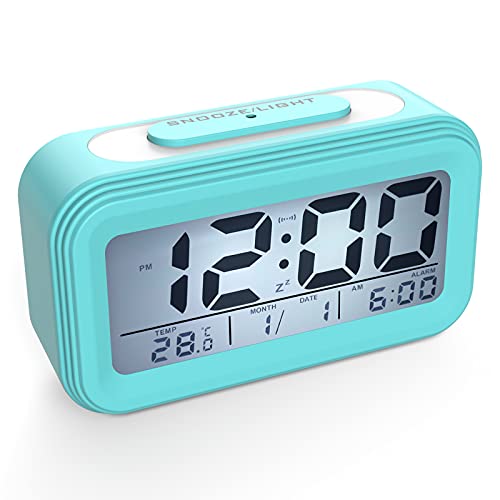 Coolzon Despertador Digital, Alarma Reloj Despertador Pilas para Infantil Niño Adulto, Despertador de Viaje Silencioso con Pantalla LED Calendario Temperatura Función Snooze Luz Nocturna, Azul