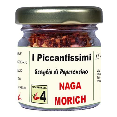 I Piccantissimi - Pimiento muy picante NAGA MORICH en tarro (15 gr) - Chile en hojuelas de larga conservación - Pimiento picante NAGA MORICH cultivado en Italia (800.000 Shu)
