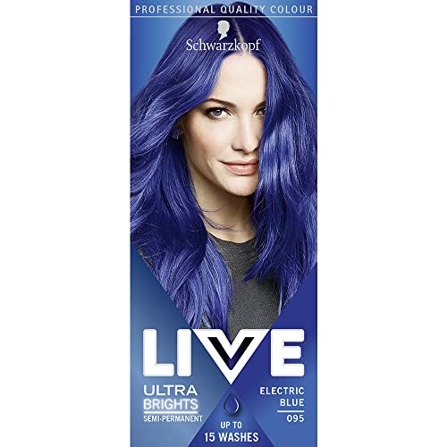 Schwarzkopf LIVE Ultra Brights Or Pastels, tinte azul semipermanente vibrante, dura hasta 15 lavados, azul eléctrico 095