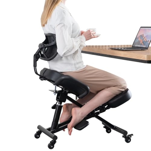 YOOTMEEN Silla de rodillas con respaldo ergonómico para oficina, taburete ajustable con asiento en ángulo para una mejor postura, cojines gruesos y cómodos, color negro
