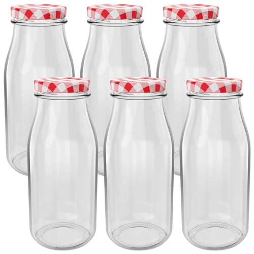 HEFTMAN Botellas de leche de vidrio con tapas, juego de 6 mini botellas de leche herméticas de 250 ml con tapas de cuadros rojos para bebidas, líquidos y decoración