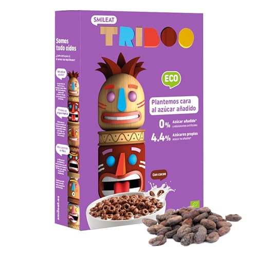 Smileat TRIBOO | Cereales Ecológicos e Integrales para Niños | Sabor a Cacao | Hechos con Ingredientes 100% Naturales | Sano y Saludable | Merienda Sana | 300g