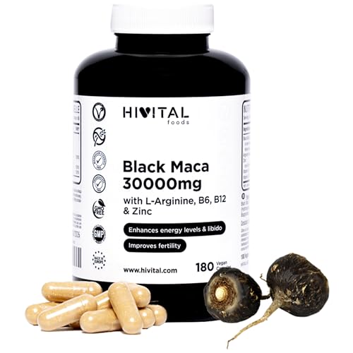 Maca Negra Peruana 30000 mg. 180 cápsulas veganas para 2 meses. Extracto de Maca Andina con L-Arginina, Zinc y Vitaminas B6 y B12. Ayuda a aumentar la energía, la potencia y el rendimiento físico.