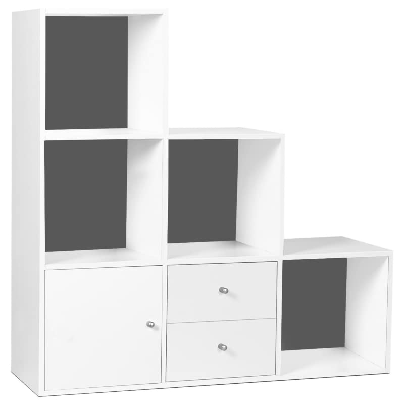 IDMarket Liam - Mueble de almacenamiento de escalera de 3 niveles de madera, color blanco, fondo gris, con puerta y cajones