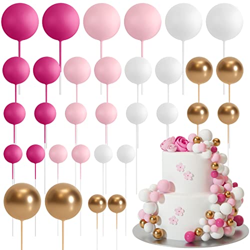 ASTARON 32 piezas de bolas para decoración de tartas, mini globos, palitos para decoración de tartas, bolas de espuma, púas para tartas para bodas, fiestas, cumpleaños (oro rosa)
