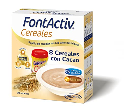 FontActiv 8 Cereales con Cacao- Complemento Alimenticio en Papilla de Cereales para Adultos y Mayores 0% Azúcares Añadidos- 600 gr