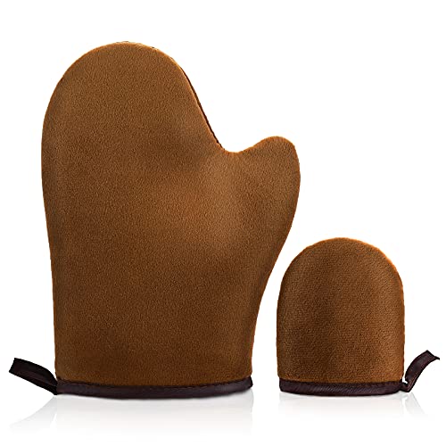 Molain Aplicador de guantes autobronceadores, paquete de 2 manoplas bronceadas sin sol con terciopelo para el pulgar guantes de bronceado de doble cara reutilizables (marrón)