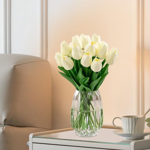 20 Tulipanes Artificiales,(Leche blanca)Tulipanes Falsos de PU,Flores de Tulipanes Artificiales de Látex,Para Decoración de Bodas en Interiores y Exteriores,Para Cocina,Oficina,Decoración Del Hogar