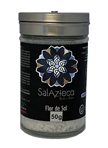 Sal Azteca / Flor de Sal de Manantial - Menos Sodio, 100% Pura y Natural, sin Refinar. Rica en Magnesio y más Minerales. Gourmet por Excelencia (Salero de Cristal 50 g)