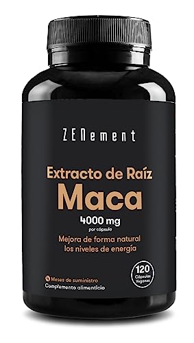 Maca Peruana Extracto de Raíz 4000 mg, Altamente Concentrado, 120 Cápsulas Veganas | Incrementa los niveles de Energía, la Vitalidad, el Rendimiento Atlético y Equilibrio Hormonal | Zenement