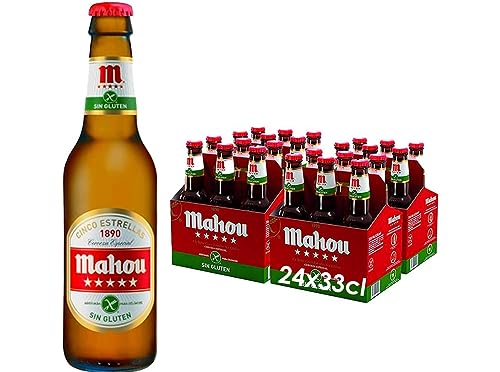 Mahou Cinco Estrellas Sin Gluten, Cerveza Dorada Con Sabor 5 Estrellas, Pack 24 Botellas x 33 cl, 5.5% de alcohol