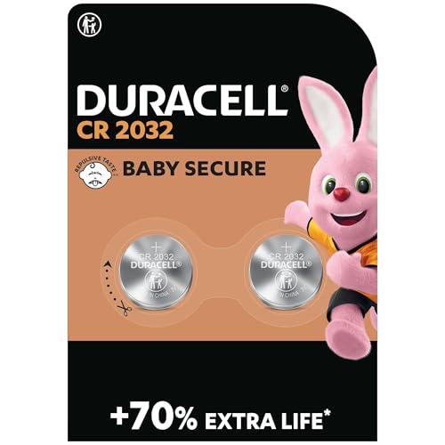 Duracell - Pilas de botón de litio 2032 de 3 V, paquete de 2, Tecnología Baby Secure, uso en llaves con sensor magnético, básculas, elementos vestibles, dispositivos médicos, Cromo (DL2032/CR2032)