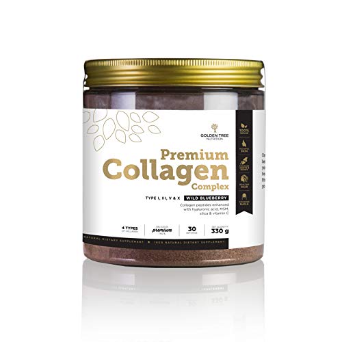Golden Tree Premium Collagen Complex - Péptidos de colágeno con tipos I, III, V y X, 4,3 g de colágeno por dosis con MSM, vitamina C y sílice - Colágeno en polvo, sabor a arándanos, sin azúcar añadido