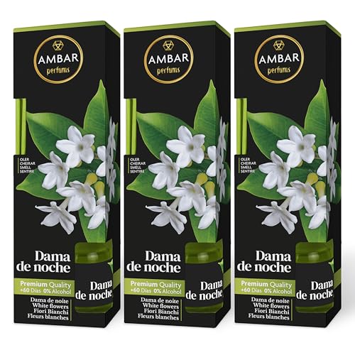 Ambar Perfums Ambientador Mikado Dama de Noche. Ambientador de Varillas 0% Alcohol, 60 días duración. (Pack 3 uds. x 45 ml)