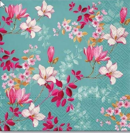 Servietten Blumen - 20 servilletas con estampado de magnolias en azul, estampado de flores para primavera o Pascua, 33 x 33 cm