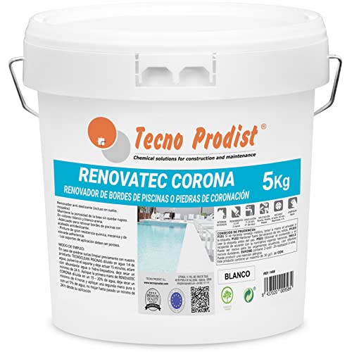 Tecno Prodist RENOVATEC CORONA - (BLANCO 5 Kg), Pintura renovación bordes de piscinas o piedra de coronación - Antideslizante - Alta resistencia y durabilidad - Fácil Aplicación
