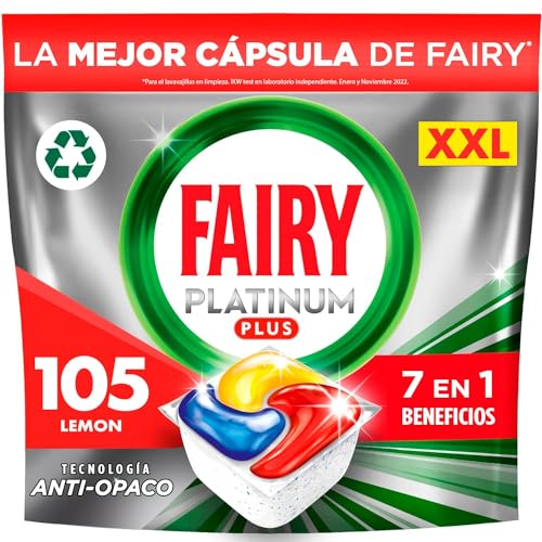 Fairy Platinum Plus Todo en Uno Pastillas Lavavajillas, 105 Capsulas Lavavajillas (5 x 21), Limpieza Profunda y Extra Brillo, Fragancia Limon