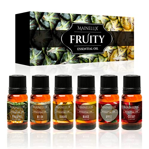 MAINELUX Fruity Aceites Esenciales para Humidificador, 100% Natural Aromaterapia Aceite Frutas Top 6 Set de Regalo de Aceites Aromáticos 6 x 10 ml(Piña, Melón, Plátano, Mango, Manzana y Cereza)