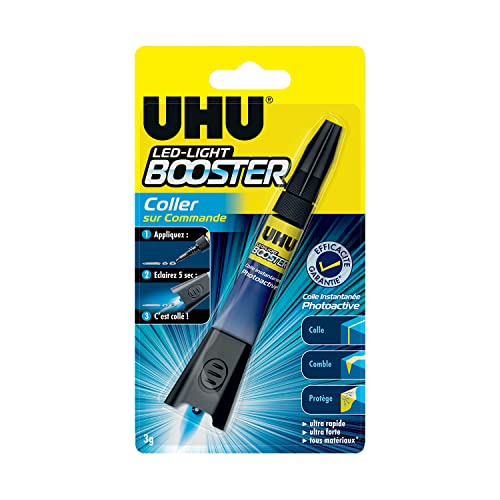 UHU Booster - Pegamento extra fuerte todo soporte, activado por lámpara UV incluido, pegamento, repara, relleno, protege, transparente, tubo 3 g