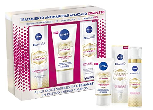 NIVEA Pack Luminous Antimanchas Tratamiento Avanzado, caja de regalo para mujer con crema de día (1 x 40 ml), crema de manos (1 x 50 ml) y contorno de ojos (1 x 15 ml)