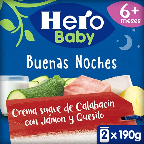 Hero Baby Buenas Noches Tarritos de Crema de Calabacín, Jamón y Quesito, 2 x 190g