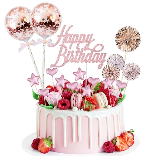 17 piezas de decoración para tartas de cumpleaños, decoración para tartas con purpurina, decoración para tartas Happy Birthday, decoración para tartas de color oro rosa