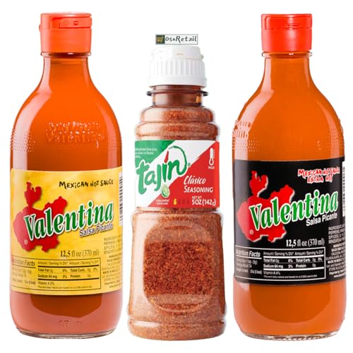 OsoRetail pack de 2 Salsas Valentina Original de México 370 ml y condimiento Tajín Clásico 142g | Amarilla Picante y Negra Extra Picante - la combinación perfecta