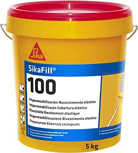 SikaFill 100, Gris, Revestimiento elástico para impermeabilización de cubiertas visitables, protección de paredes medianeras y puenteo de fisuras, 5kg
