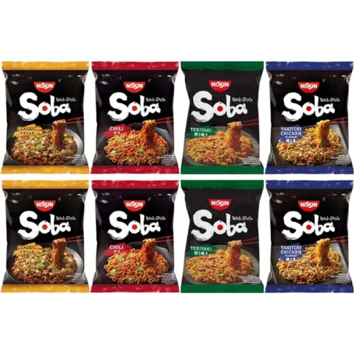 Nissin Soba Instant Noodles Wok Style 8 porciones de sabores variados (Clásico, Chile, Pollo Yakitori y Teriyaki), | Seleccionado por CNMART
