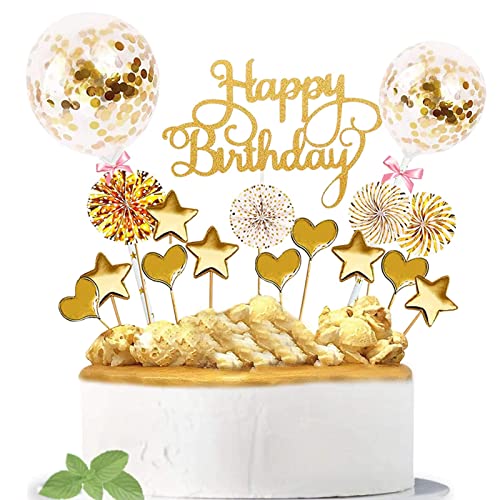17 Piezas Decoración para Tartas de Cumpleaños,Cake Topper Toppers para Tartas Topper Feliz Cumpleaños,para Decoración de Pastel de Cumpleaños (Oro)