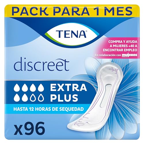 TENA Discreet Extra Plus - Compresas Diarias para la Incontinencia Femenina - Absorción Alta para Pérdidas de Orina - Hasta 12 Horas de Sequedad - Paquete Mensual de 96 Unidades