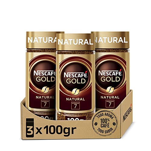 Nescafé GOLD NATURAL aroma y sabor, soluble con café molido de tueste natural 100 % arábica, frasco de vidrio, Pack de 3 x 100 g