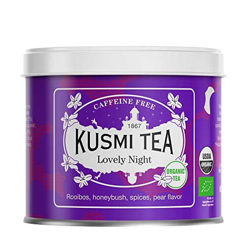 Kusmi Tea - Infusión Lovely Night orgànica - Mezcla de Plantas y Especias con sabor a Pera - Tilo, Verbena y Rooibos Bio - Infusión sin teína, a granel - Lata de 100 g
