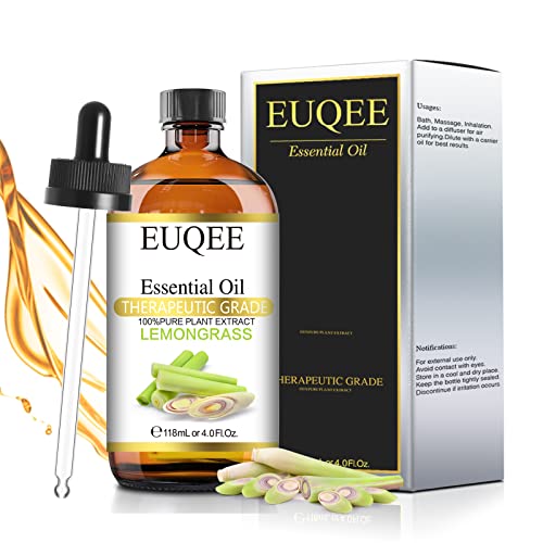 EUQEE Aceites Esenciales de Lemongrass 118ml, 100 % Aceites Esenciales Naturales Puros, Aceite Esencial de Grado Terapéutico para Humidificador, Perfectos para Aromaterapia, Masajes, Baño