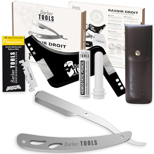 Kit de afeitado: navaja de afeitar de barbero con cuchilla intercambiable + 40 cuchillas dobles + paño + barra de alumbre + estuche de almacenamiento + toalla de afeitado + peine plantilla