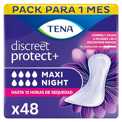 TENA Discreet Protect+ Maxi Night: Compresas Nocturnas para Mujeres - Máxima Protección y Confort al Acostarse, y Absorción con InstaDRY - Paquete Mensual de 48 unidades