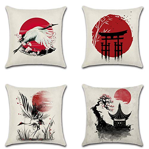 Artscope Juego de 4 fundas de cojín de estilo japonés, diseño de sol rojo con pintura de tinta, grúa de algodón y lino, fundas de almohada decorativas para sofá, decoración de granja, 45 x 45 cm