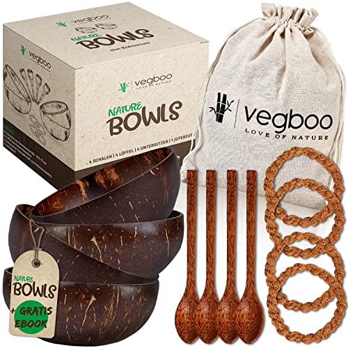 Vegboo Coconut Bowls Juego de 4 cuencos de 14 piezas con accesorios – Vegano sostenible – Hecho a mano ideal como cuenco de cereales, vegano, acai y batido Bowl